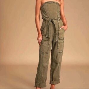 Free People Go West Utility Denim Jumpsuit Women’s XS Moss Green Square Neck
